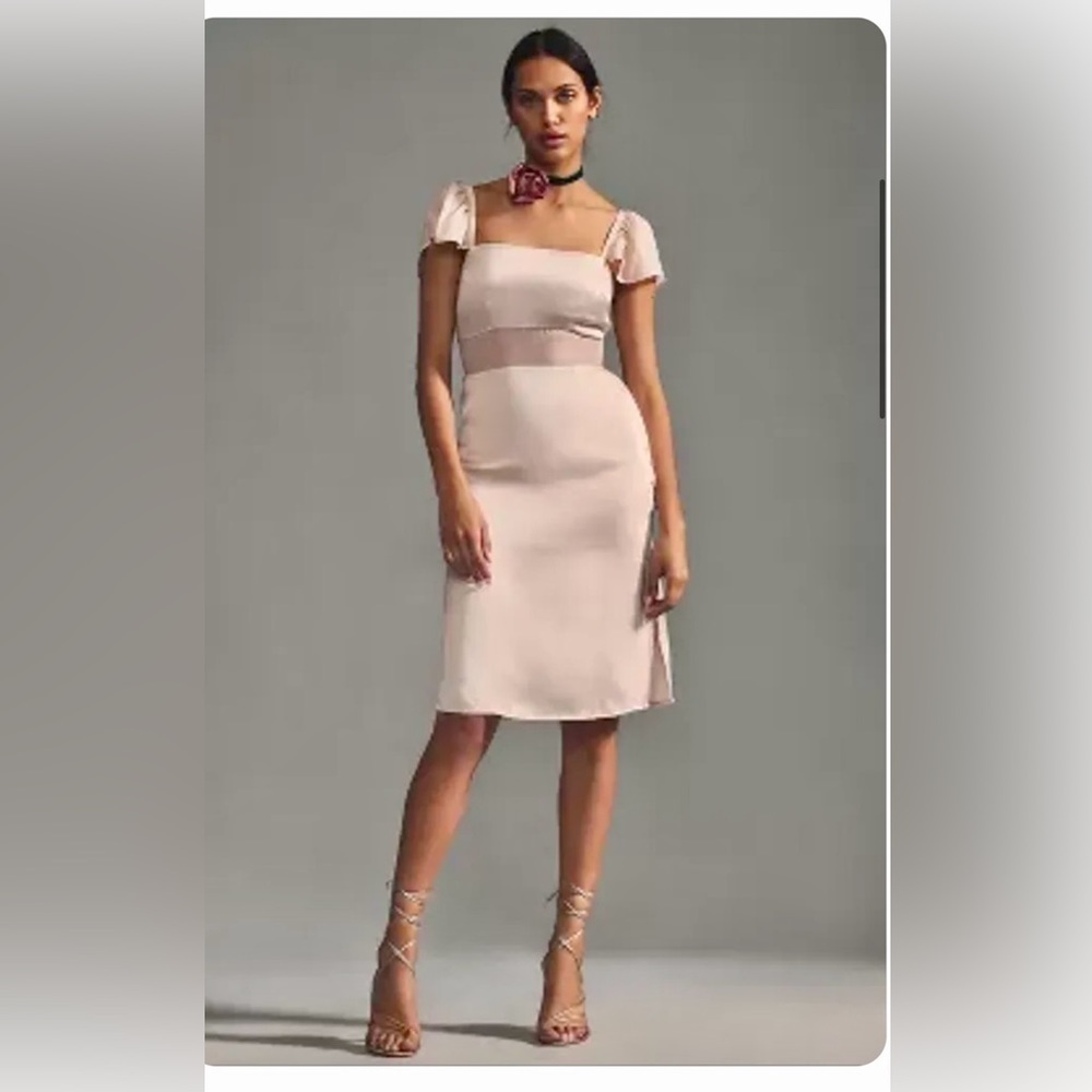 Anthropologie Pale Blush Square-Neck Midi Dress with Flutter Sleeves